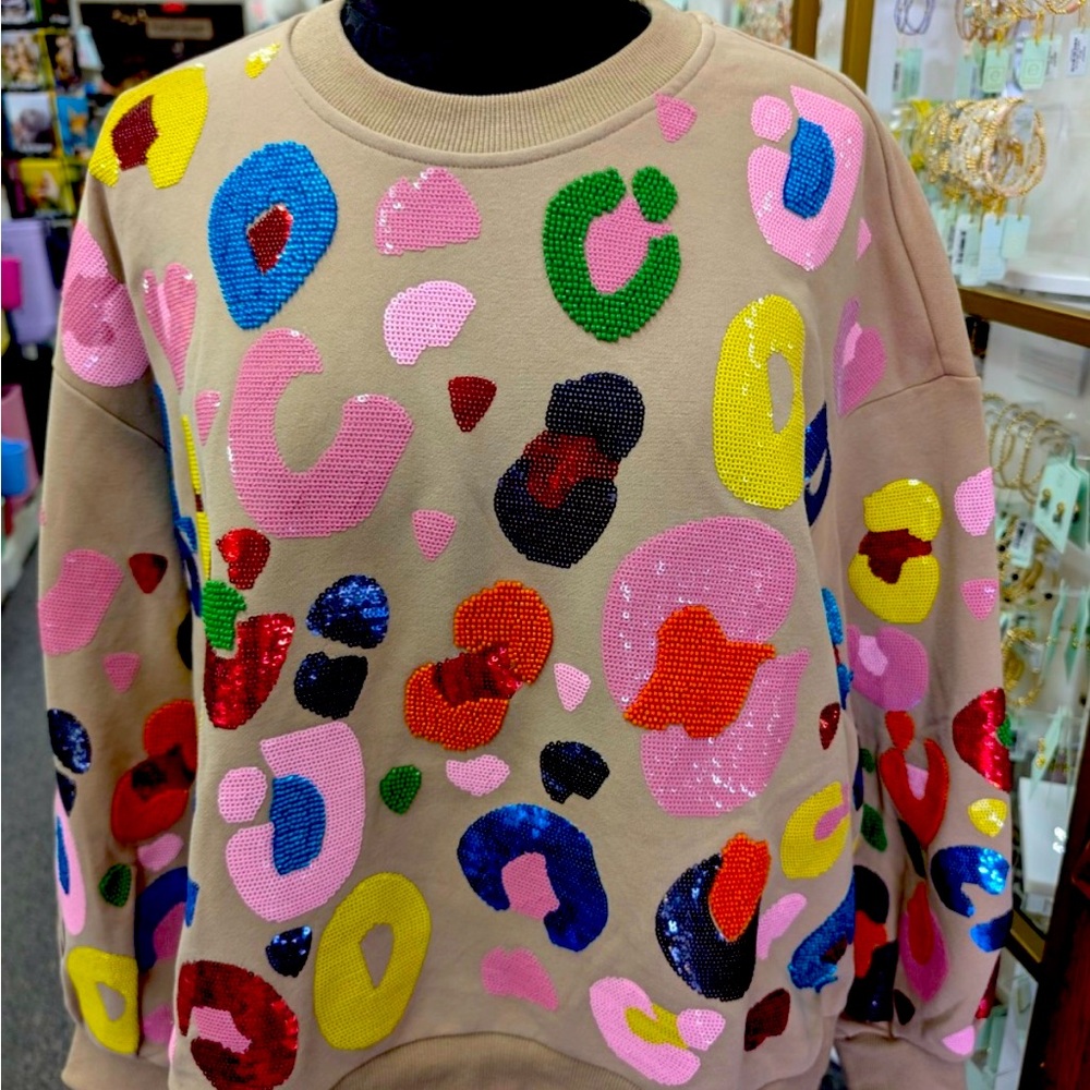 NWT Queen of Sparkles tan leopard sequins sweater.